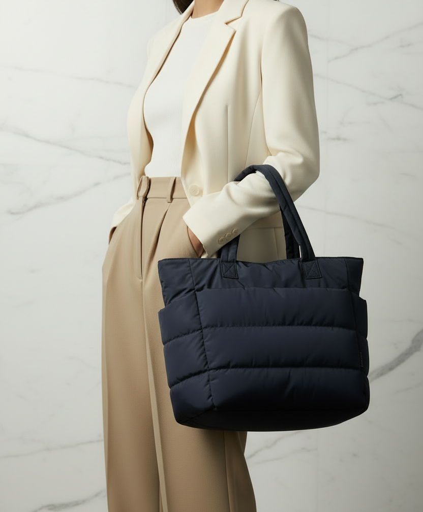 Navy Quilted Tote — Cream Blazer, Marble